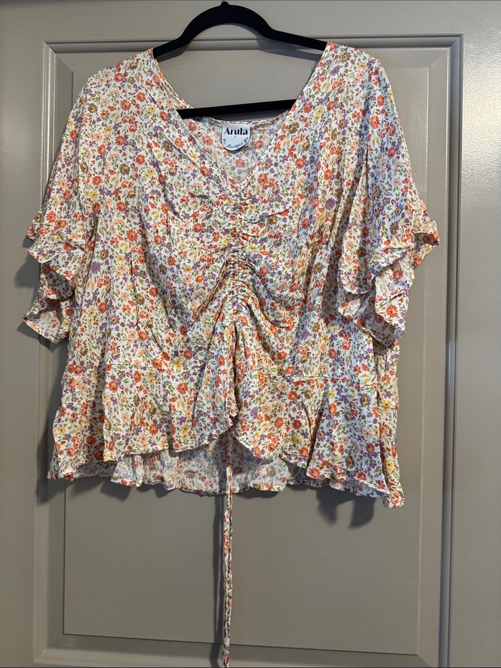 ARULA Cream Floral Drawstring Ruffled Blouse with Orange & Pink Accents
